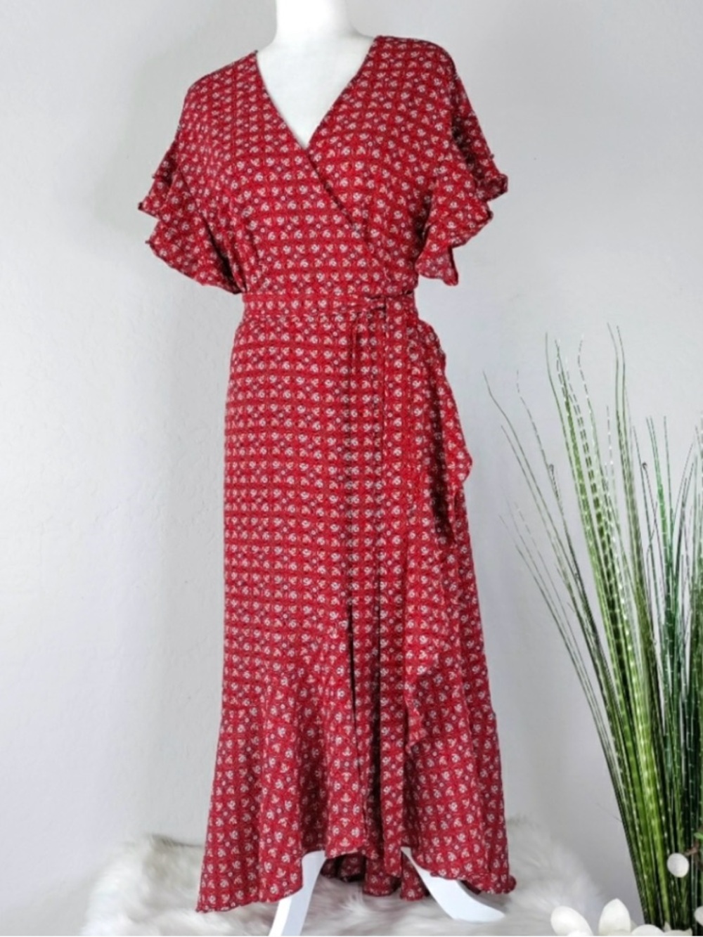 Max Studio Red Floral Wrap Maxi Dress with Ruffle Sleeves